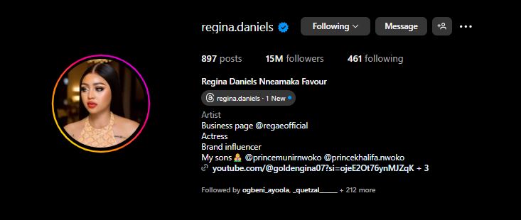 Regina Daniels removes her husband name from her IG bio, deletes off all his photos (Video)